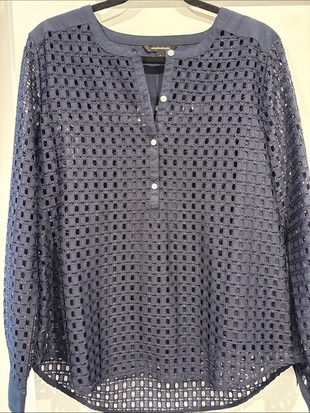 Banana Republic Navy Eyelet Crochet Button-Front Blouse